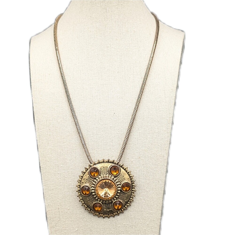 Vintage Gold Tone Amber Rhinestone Sunburst Medallion Necklace Snake Chain